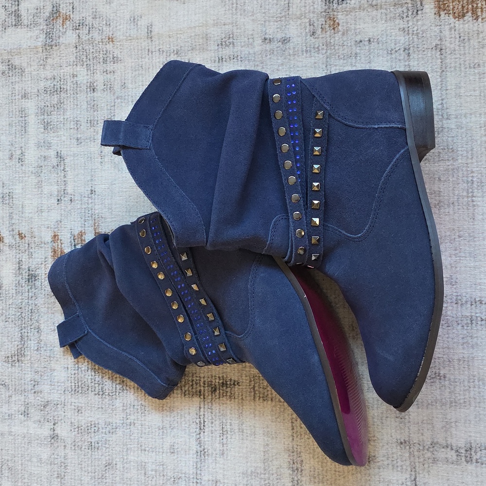 Twiggy London Blue Suede Leather Studded Slouchy Ankle Boots Womens 8 Dopamine